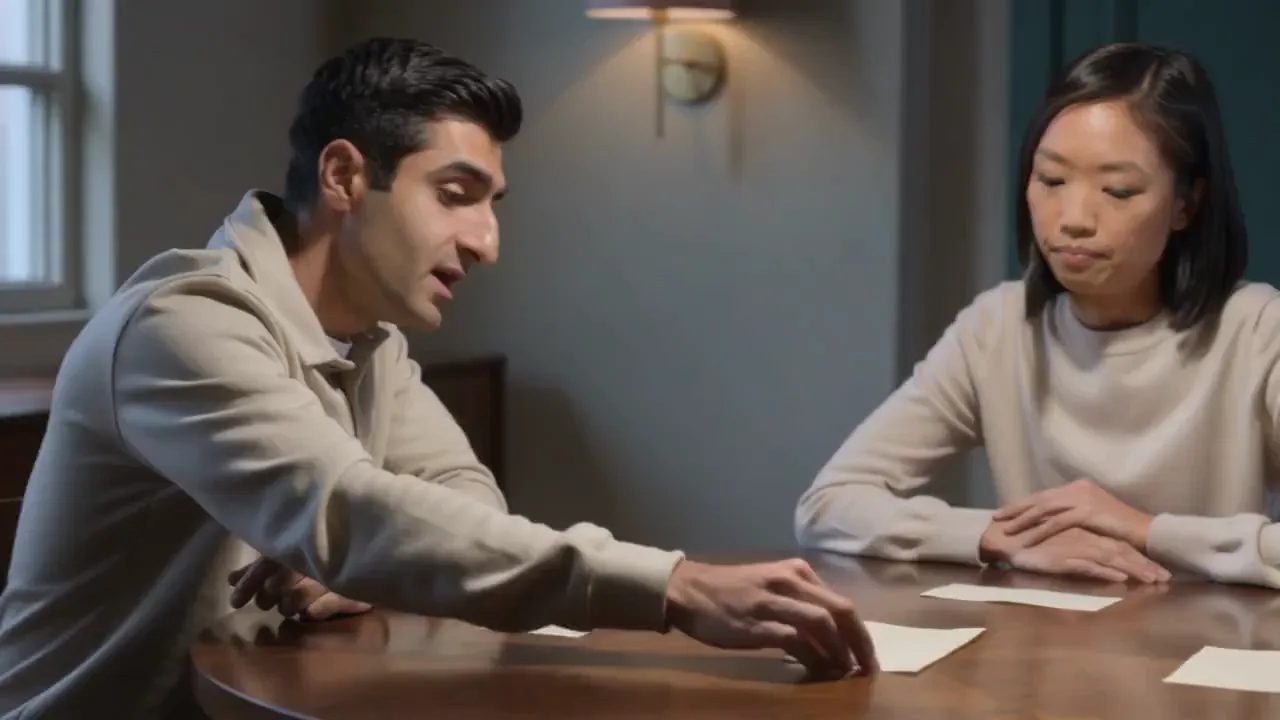 Fictional collaborators discuss a strategy brief in an AI-generated workshop scene.